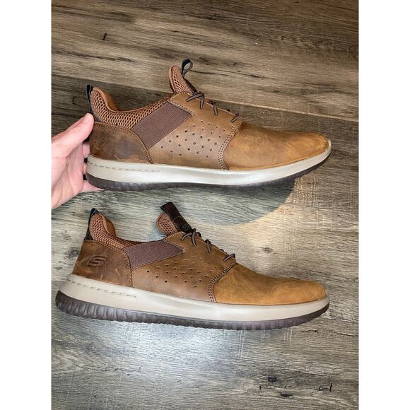 Sketchers Delson Axton Brown Leather Slip On Sneaker Comfort Foam Casual Work 12 - Picture 4 of 12